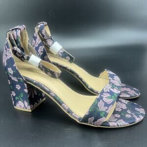 CL by Laundry Women 8.5M Navy Pink Floral Ankle Strap Block Heel Open Toe Sandal